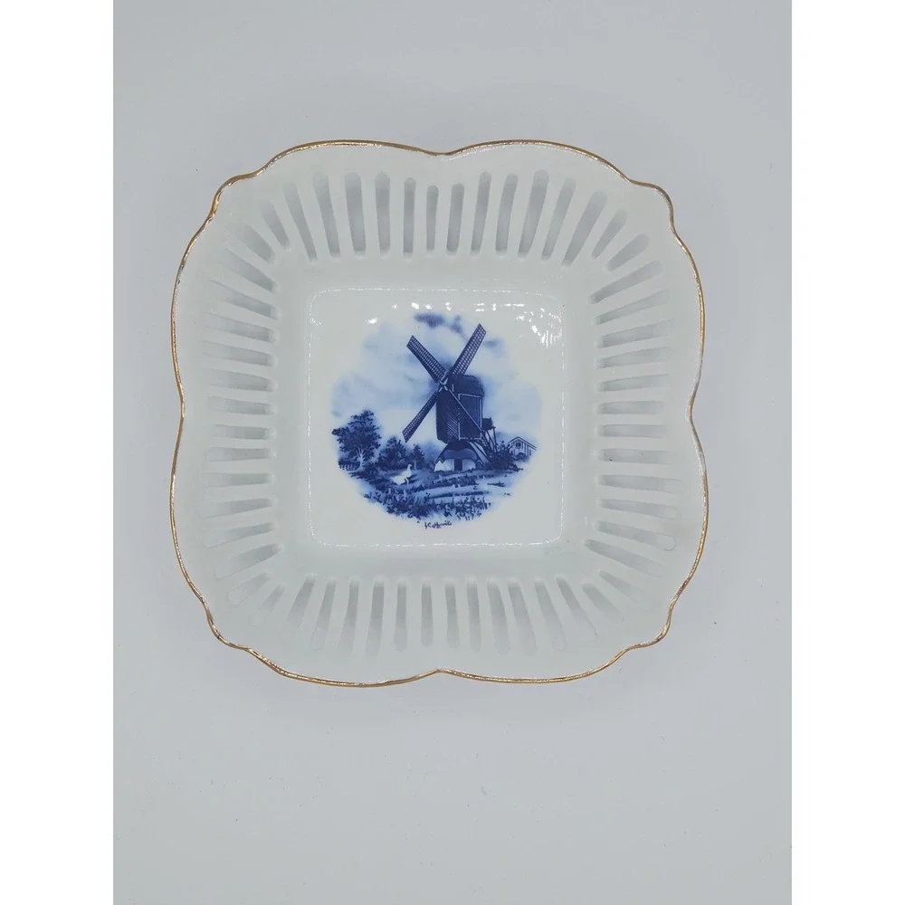 Royal Tri‎ Ever Blue Windmill Porcelain Hand Painted Decorative Basket Bowl